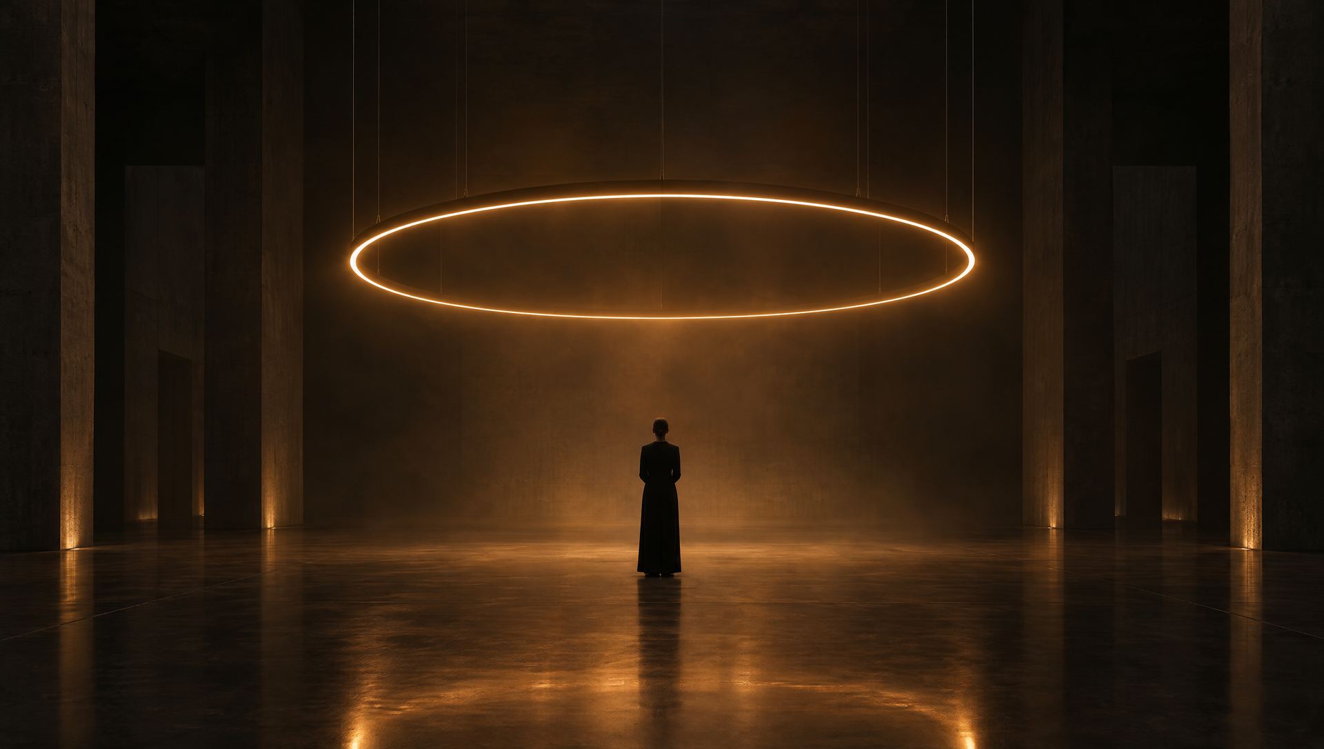 Un anneau de lumière ambrée suspendu dans une grande salle de béton, une silhouette seule en dessous